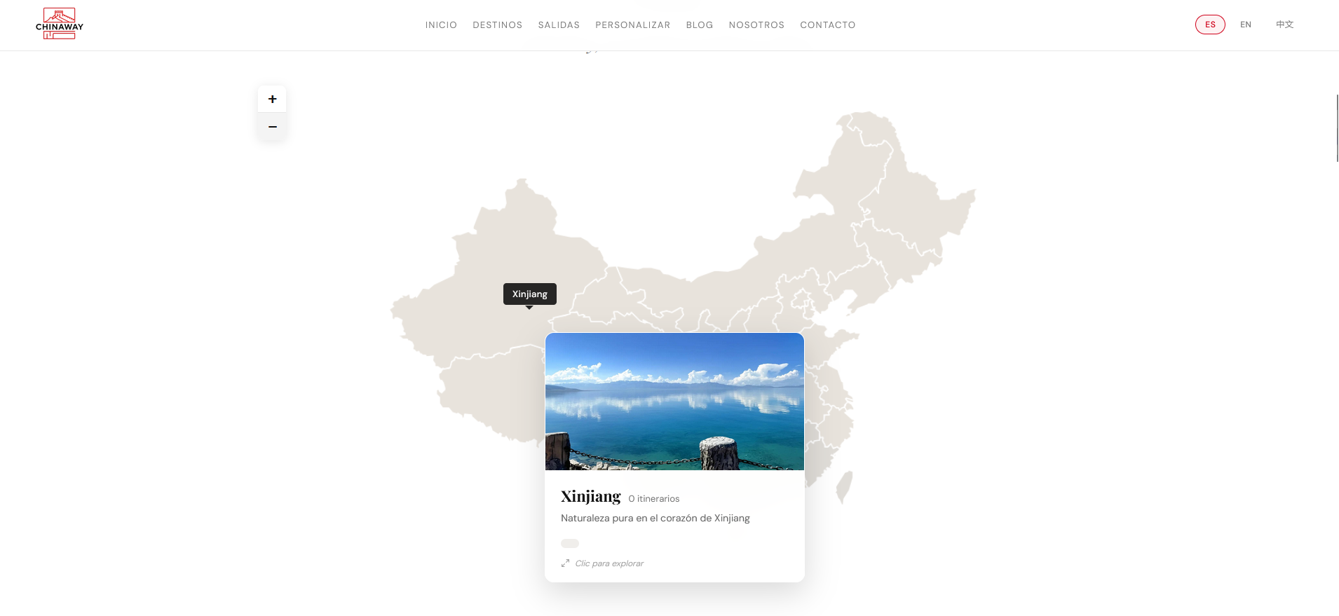 Mapa interactivo de China en la web de Chinaway, mostrando la provincia de Xinjiang al pasar el cursor