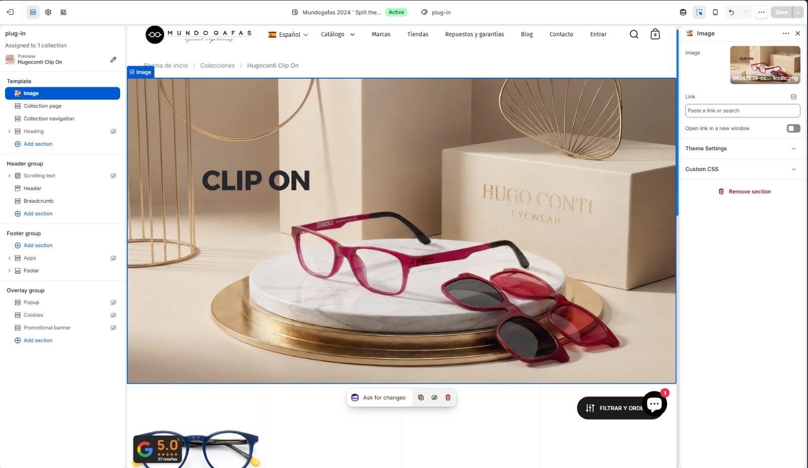 Mundogafas's Shopify store editor showing a Clip On frames collection
