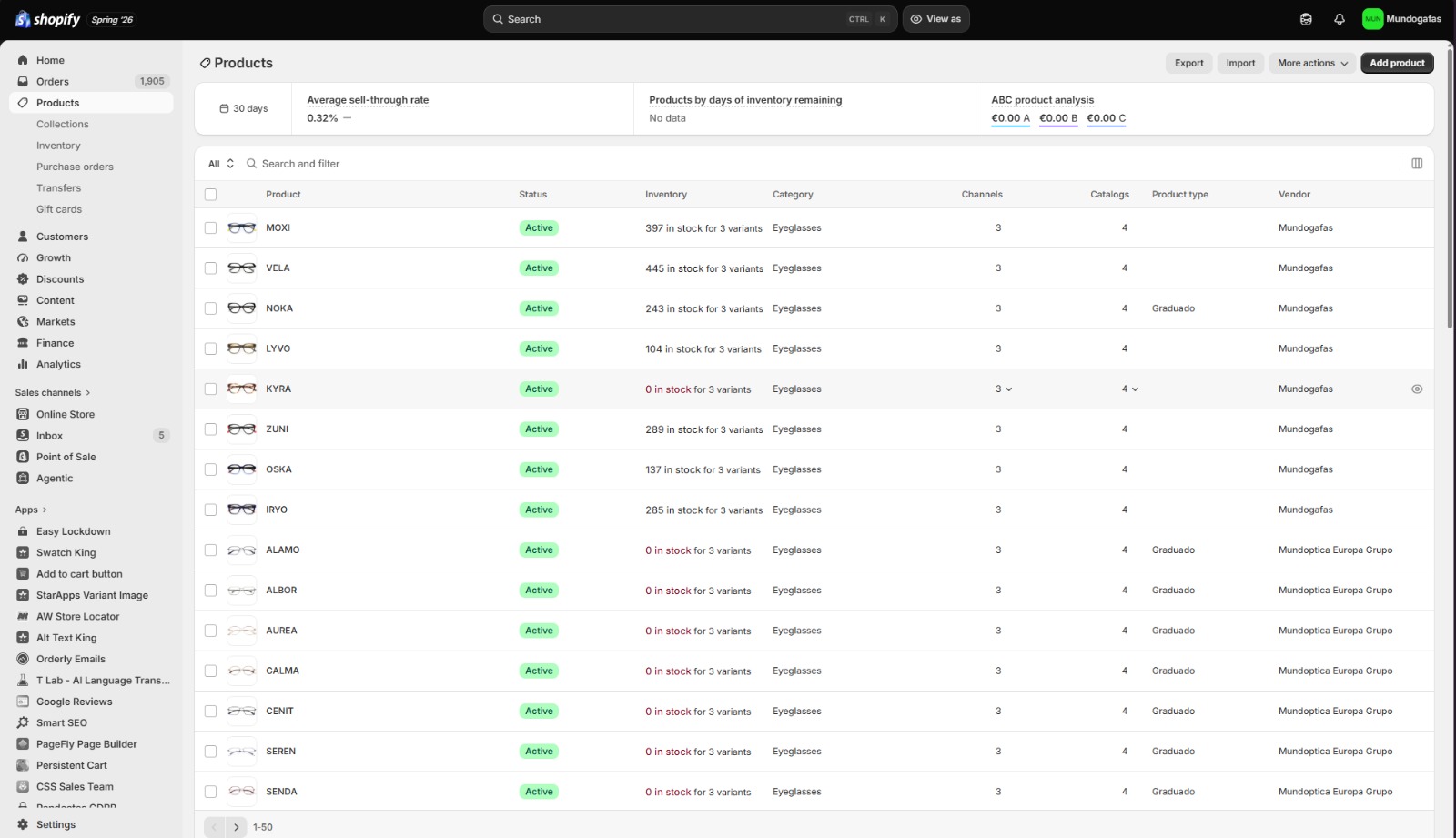 Shopify products dashboard with Mundogafas's frame catalogue and stock