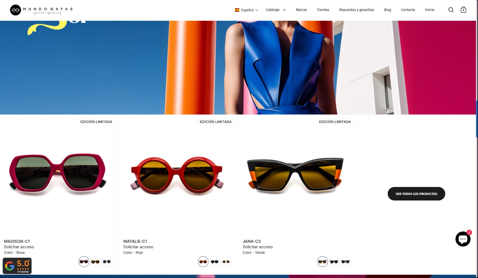 Mundogafas online store with limited-edition eyewear and a 5-star Google rating