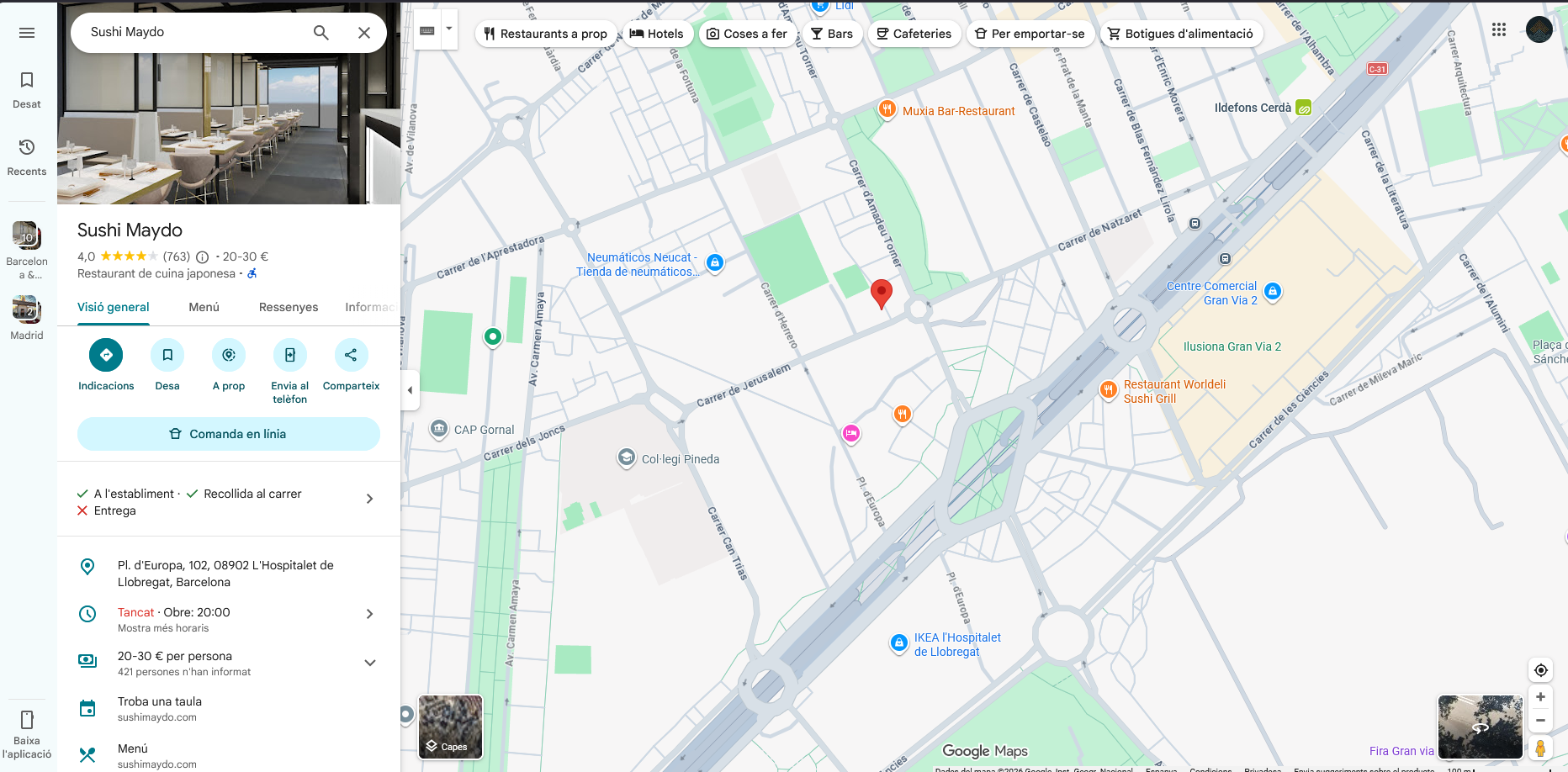 Ficha de Sushi Maydo en Google Maps, en la zona de Plaza Europa de L'Hospitalet de Llobregat
