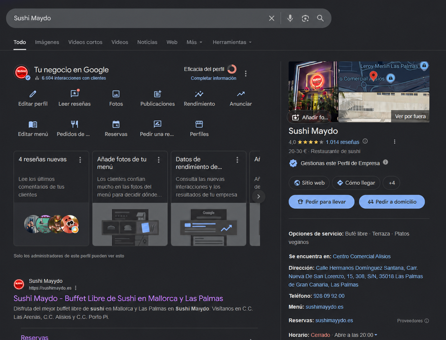 Panel del perfil de empresa de Sushi Maydo en Google con reseñas nuevas y datos de rendimiento