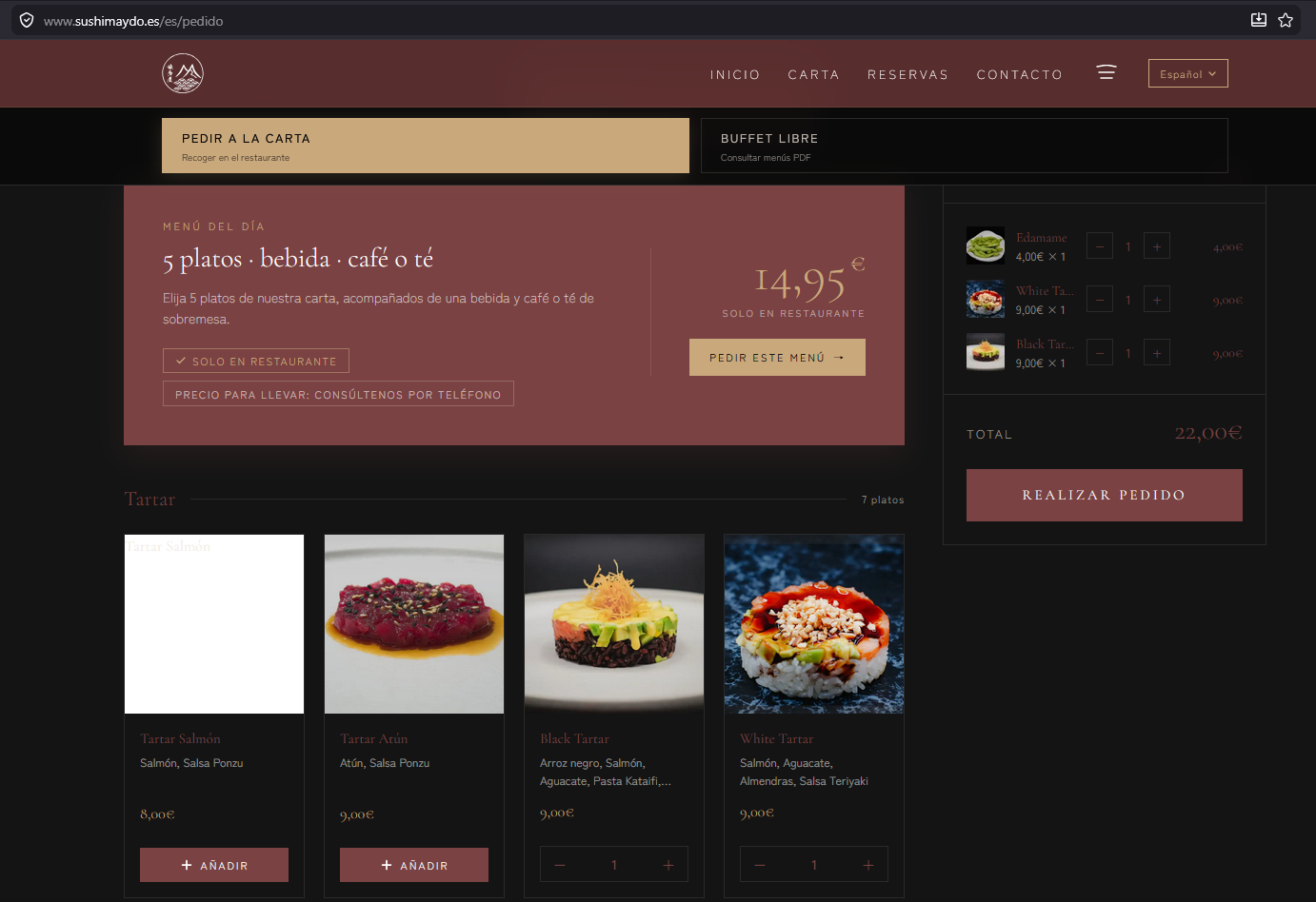 Página de pedido online de Sushi Maydo con la carta y el carrito de compra