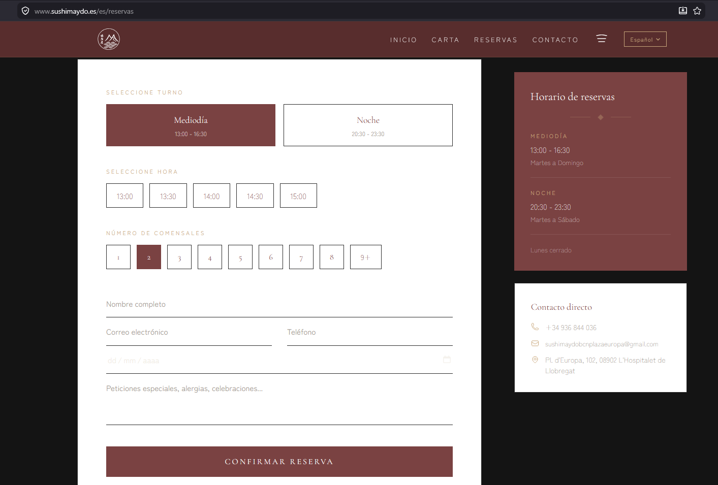Sistema de reservas online de Sushi Maydo con selección de turno, hora y comensales